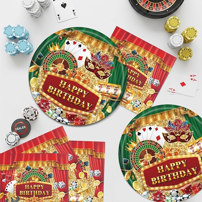 40Pcs Casino Birthday Party Decorations Las Vegas Disposable Tableware Casino Themed Plates and Napkins for 20 Guests Poker Card Birthday Party Decorations