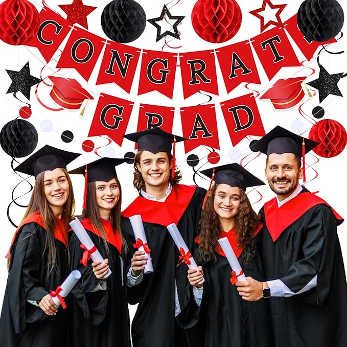 Red and Black Congrats Grad Banner 2026 Graduation Decorations with Hanging Swirl Honeycomb Ball Circle Garland Grad Party Favor Supplies for College Senior High School Classroom Decor
