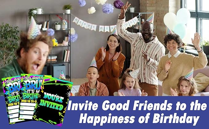 CLIRBE Bruh Birthday Party Invitations, Glow Neon Invited Birthday Invitations For Brother Bro Teen Boys, 20 Invites Cards With 20 Envelopes, Party Supplies Favors -H01