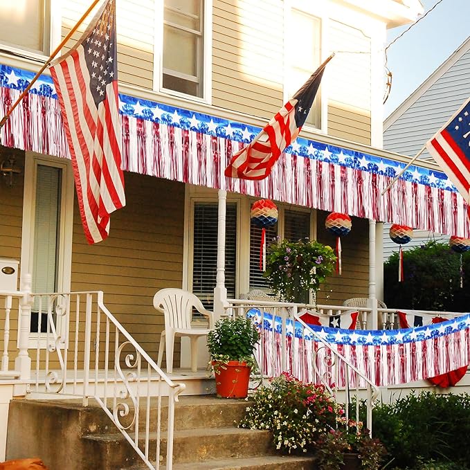 3Pack 30ft 4th of July Decorations Banner USA Stars Foil Fringe Garland Tinsel Streamers Red White and Blue Flag for Independent Memorial Veterans Day Patriotic Party USA 250 Anniversary Decorations