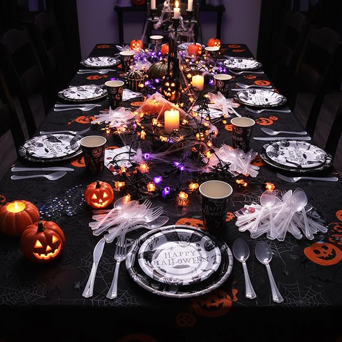 350 Pcs Happy Halloween Party Favor Vintage Halloween Decoration Disposable Tableware for 50 Guests 100 Pumpkin Skull Plates 50 Crows Bats Napkins 50 Cups 50 Sets Knives Fork Spoon