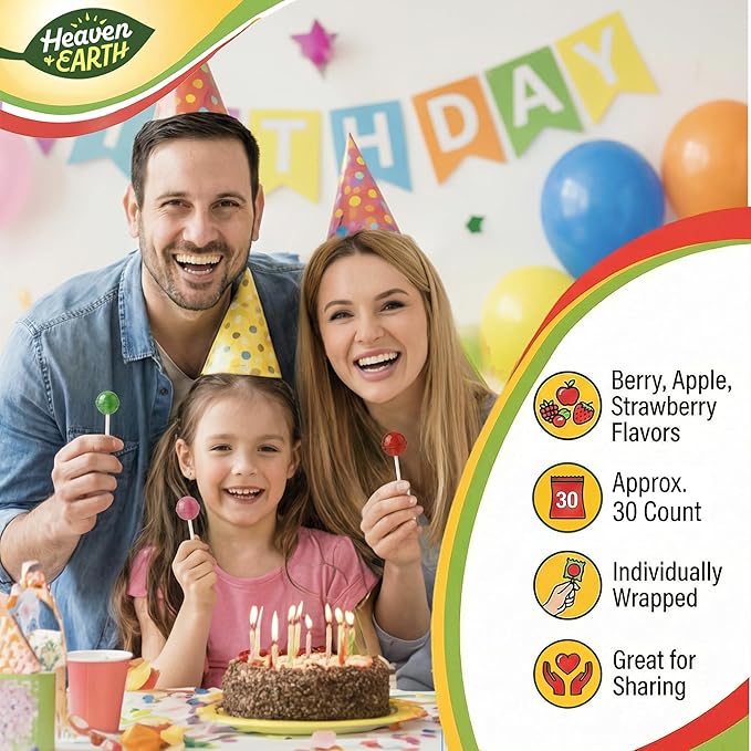 Heaven & Earth Berry, Apple, & Strawberry Fizz Pops (Approx. 38 Count) | All Natural Candy | Kosher | No Artificial Colors | Fun Fizzy Center | Bulk Pack for Parties & Goodie Bags
