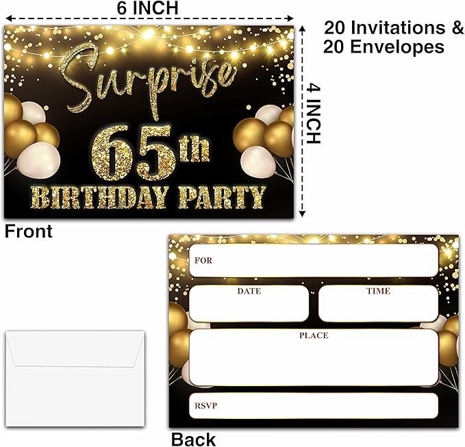 YSTEP 65th Birthday Party Invitations, 20 Black Gold Invite Cards with Envelopes, 4"x6" Foil Balloon Birthday Invites - B12