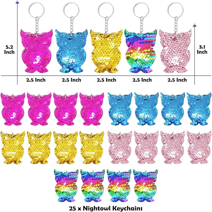 CiciBear 25 Pack Night Owl Sequin Keychains for Owl Party Favors, Kids and Adults Birthday Gift, Baby Shower, Party, 5 Colors