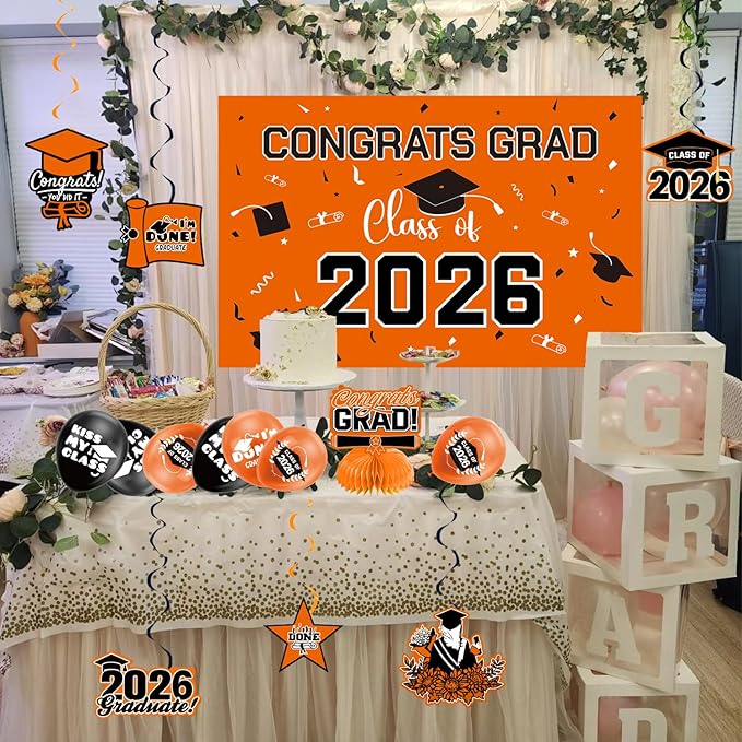 Graduation Decorations 2026 Orange Themed Set - Congrats Grad Banner, Class of 2026 Backdrop, Balloons & Streamers Kit - Complete Party Supplies for High School & College Celebrations