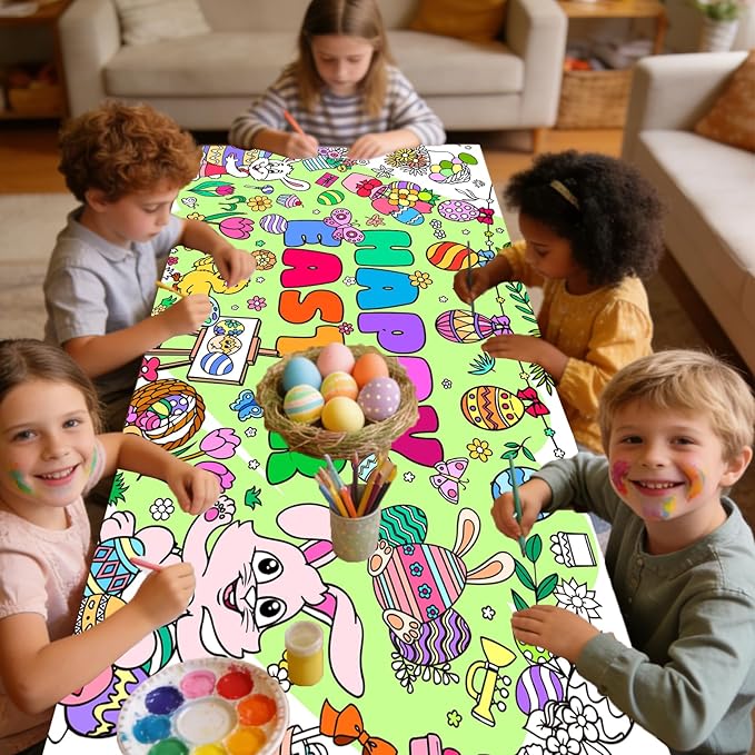 Easter Giant Coloring Poster for Kids,30x72 Inch Happy Easter Crafts Drawing Paper Coloring Tablecloth DIY Art Crafts for Kids Party Egg Bunny Themed Activity Home Classroom Party Suppiles