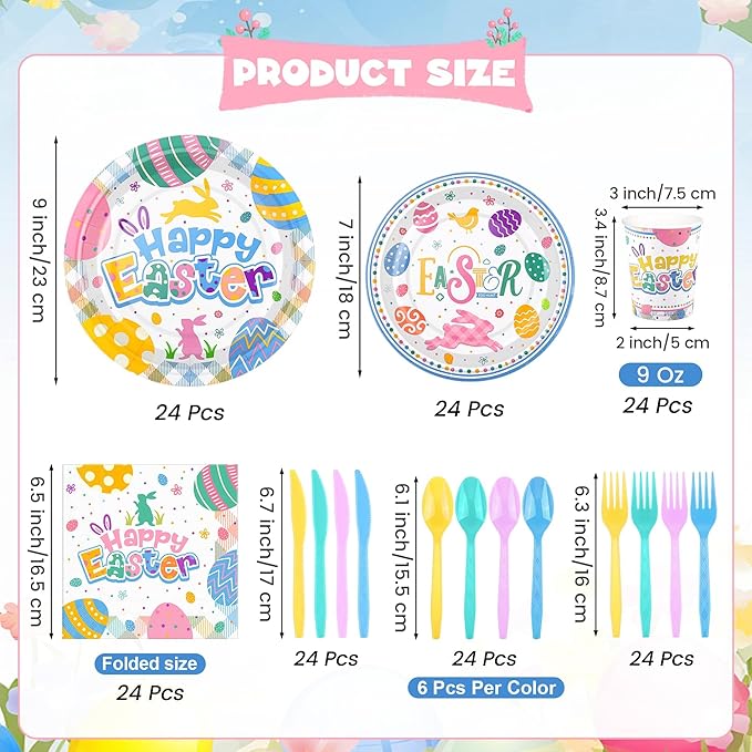 Kochorie 168 Pieces Easter Paper Plates and Napkins Colorful Happy Easter Bunny Egg Party Supplies Include Disposable Paper Plates Cups Napkins Plastic Cutlery for Spring Holiday Party Decor Serves 24