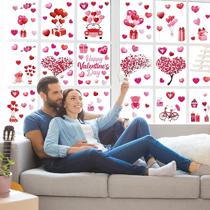 152PCS Valentine Window Clings, 11.8 × 7.8 Inches Heart-Shaped Window Decals, 9 SheetsRomantic Valentines Decorations, Double-Sided Heart Window Stickers for Anniversary, Party Holiday Decor