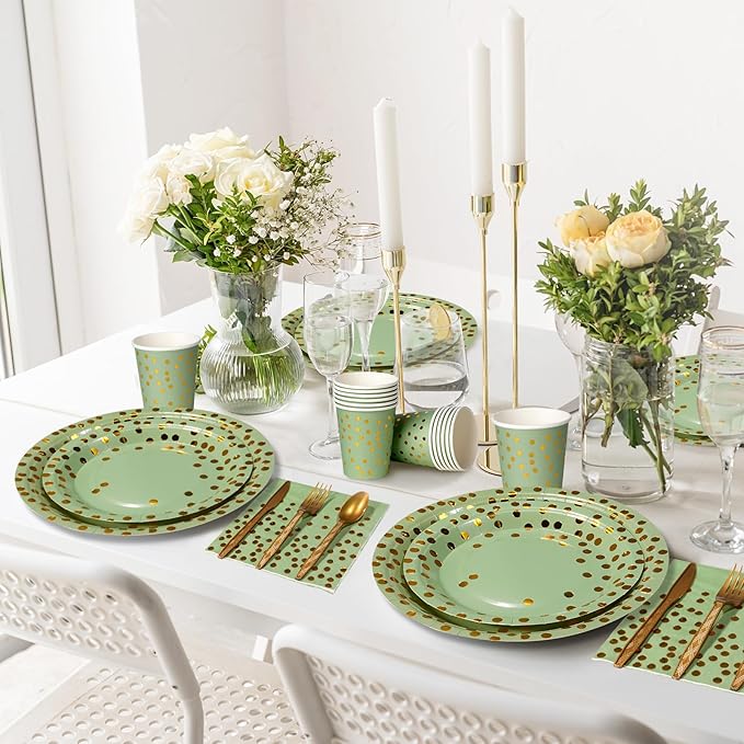 350pcs Sage Green Paper Plates and Napkins Set, Disposable Sage Green and Gold Polka Dot Party Plates Cups For Baby Shower Birthday Wedding Party Supplies and Decorations, Serve 50