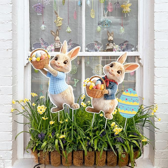 16 PCS Outdoor Easter Decorations, Easter Bunny and Eggs Yard Signs with Stakes, Waterproof Spring Garden Lawn Signs for Party Spring Garden Patio Holiday Display Supplies