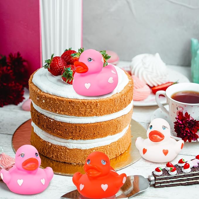 20pcs Rubber Ducks with Cards Gift Valentines Day Party Favors Small 2.36” Assorted Pink Red White Squeaky Duckies in Bulk with Love Heart Cards Treats Giveaways for Kids Cupcake Topper
