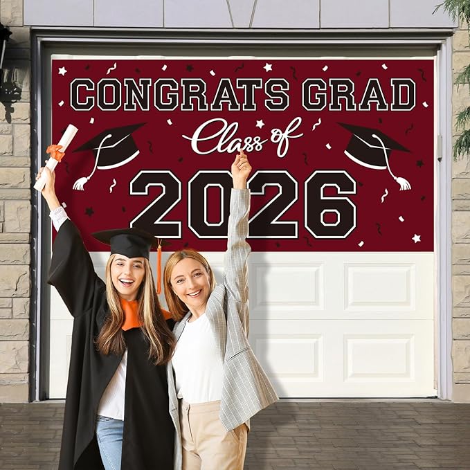 2026 Graduation Party Plastic Backdrop - 65" x 32.7" Congrats Grad Banner in Maroon, Large Class of 2026 Decorations, Photography & Grad Party Supplies