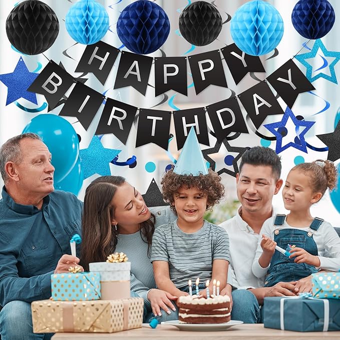 meowtastic Birthday Decorations, Happy Birthday Banner with Honeycomb Balls, Stars Hanging Swirl Streamers, Circle Dots Garland, Happy Birthday Party Decorations for Women Men Boys Girls (Black&Blue)