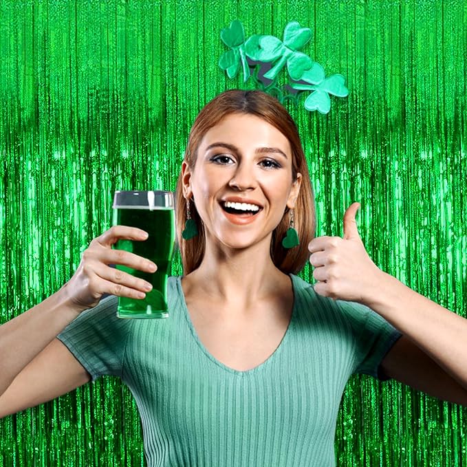 3 Pack Green Foil Fringe Curtain Backdrop, 3.28Ft x 8.2Ft Metallic Tinsel Foil Fringe Streamer Curtains for Photo Booth, Mother's Day, Easter, Birthday, Wedding Party Decorations