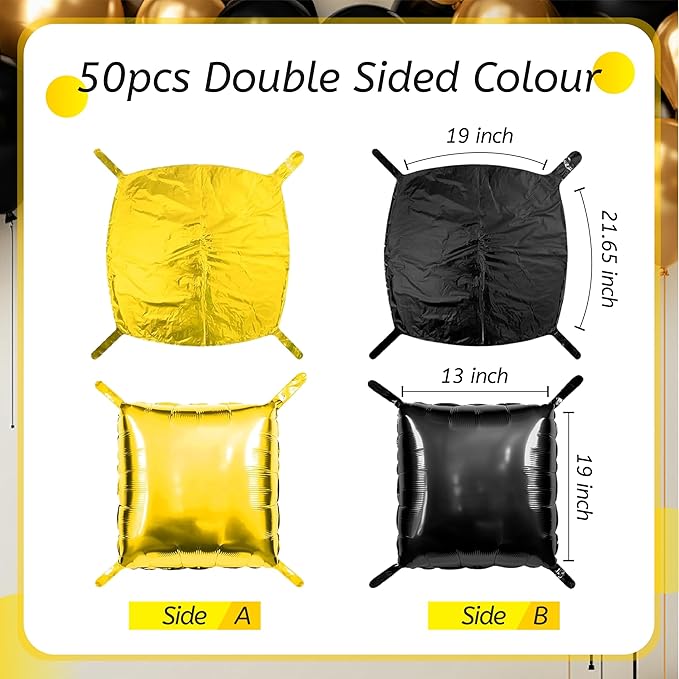 50PCS Black and Gold Square Foil Balloon Wall Backdrop for 2026 New Year Eve Party Decoration, 19'' Double Sided Metallic Balloon Garland Arch Kit for Graduation Anniversary Bachelorette Bridal Decor