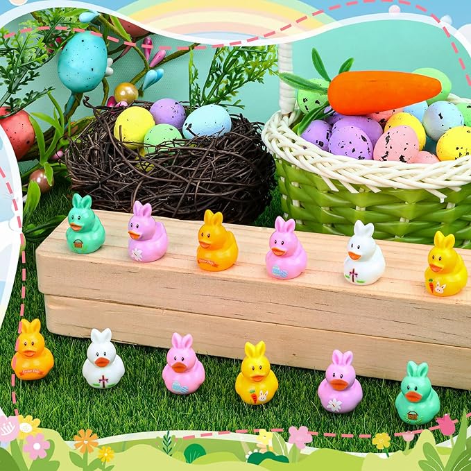 120 Pcs Easter Mini Resin Ducks 6 Style Miniature Bunny Ear Duck Figurines Easter Bulk Tiny Ducks for Party Favor Gifts Topper Desk Basket Craft Garden Landscape Ornament Potted Decor