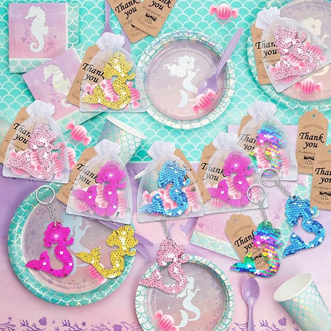 CiciBear 25 Pack Mermaid Double-Deck Flip Sequin Keychains for Sea Themed Party Favors, Birthday,Carnival,Goodie Bag Stuffers, Anniversary,5 Colors