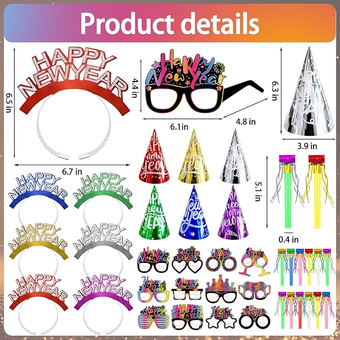 Openfly 36Pcs New Years Eve Party Supplies 2026 Happy New Year Hats Headband Tiara Noise Makers Paper Glasses Party Favors