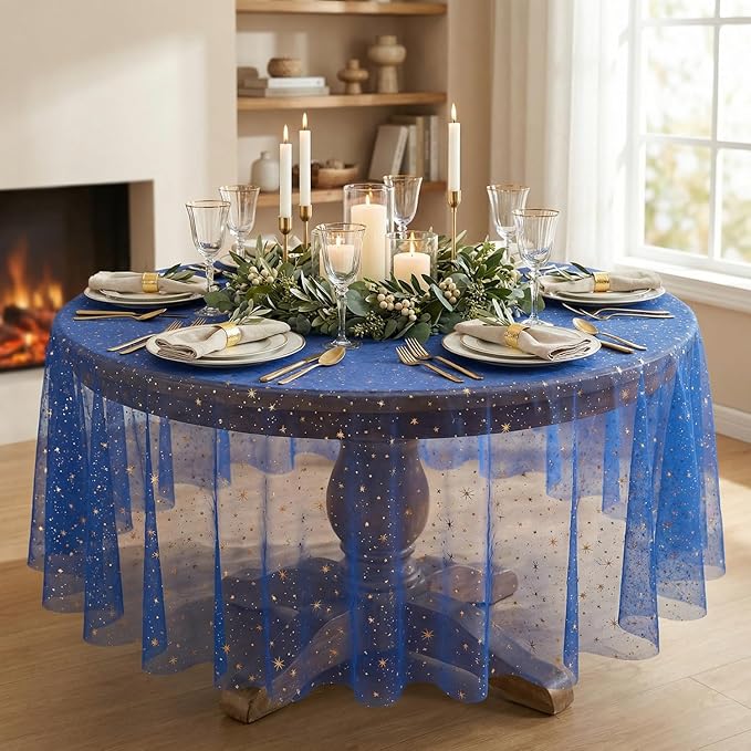 Horaldaily Royal Blue Gold Sparkling Star Gauze Tablecloth 60x60 Inch Round, Golden Star Sequin Glitter Metallic Foil, Sheer Tulle Cheesecloth for Wedding Baby Shower Party