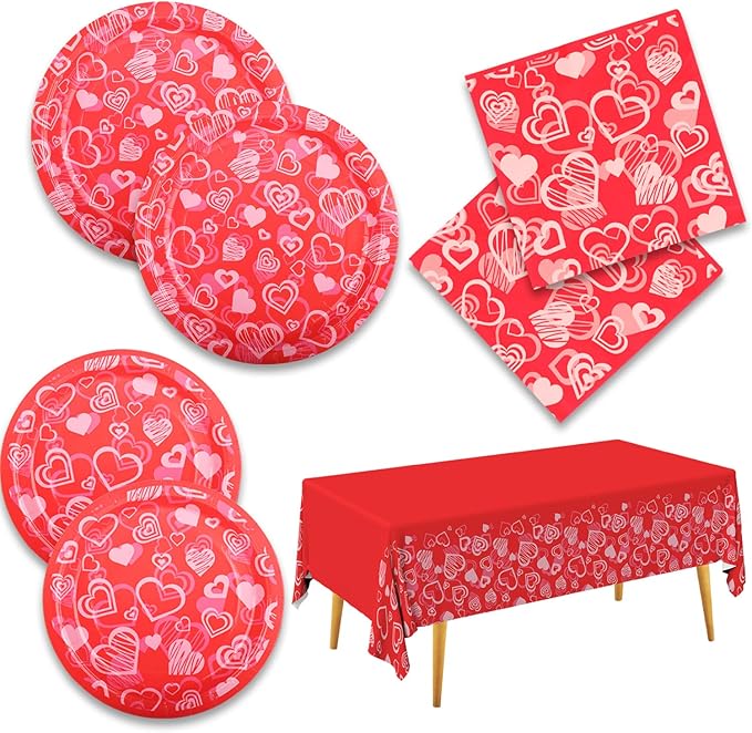Gatherfun Valentine's Party Supplies Hot Heart Love Disposable Paper Plates Napkins Waterproof plastic Tablecloth for Valentine's , Engagements, Anniversary, Birthday Party Serve 50