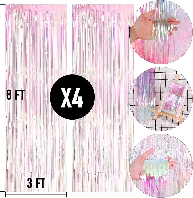 Dazzle Bright 4 Pack Backdrop Curtain, 3FT x 8FT Metallic Tinsel Foil Fringe Curtains Photo Booth Background for Baby Shower Party Birthday Wedding Engagement Bridal Shower (Multicolor)