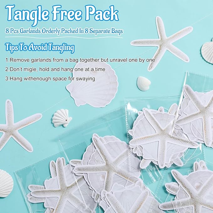 Xinnun Coastal Party Decorations White Finger Starfish and Seashell Garland Ocean Nautical Theme Cutouts Ribbon Streamers for Under The Sea Beach Mermaid Birthday Beach Wedding Decor