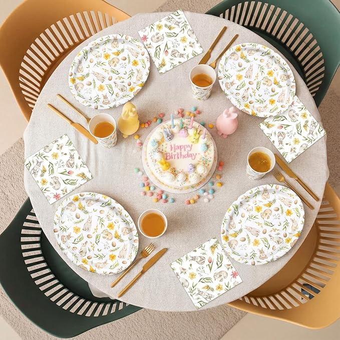 Vesici 150 Pcs Easter Bunny Oval Paper Plates and Napkin Set Bunny Tableware 10'' x 12'' Large Disposable Heavy Duty Rabbit Green Leaves Dessert Plates Cups Napkins for Spring Easter Party Supplies