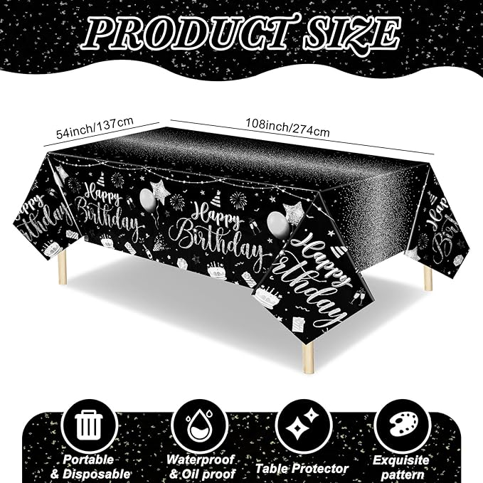Tudomro 3 Pcs Happy Birthday Tablecloths Happy Birthday Party Decorations Plastic Table Cover Rectangular Cloths for Women Men Baby Shower Party Supplies, 108 x 54 Inch (Black Silver)