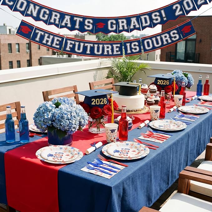 400 Pcs Class of 2026 Blue Floral Graduation Decorations for 50 Guests, Blue Red Flower Graduation Paper Plates Napkins and Cups Cutlery Grad Tableware for 2026 Congrats Grad Party Supply