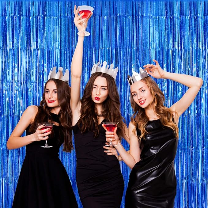 Blue Tinsel Foil Fringe Curtain Backdrop, 3.3 x 8.2 ft Metallic Glitter Curtain Streamers, 2 Pack Royal Blue Photoboth for Birthday Ocean Sea Party Decorations