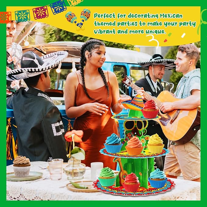Fiesta Party Decorations - 3 Tier Mexican Birthday Party Cupcake Stand & Topper - Cactus Fiesta Cupcake Holder Display - Cinco De Mayo & Baby Shower Supplies