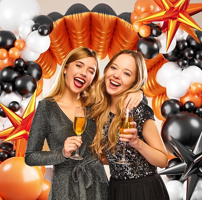 152Pcs Orange and Black Foil Square Balloon Wall Backdrop with Black Orange White Latex Balloons Arch Garland Kit, Double Sided Balloon Tunnel for Graduation, Birthday, Halloween Party Decoration