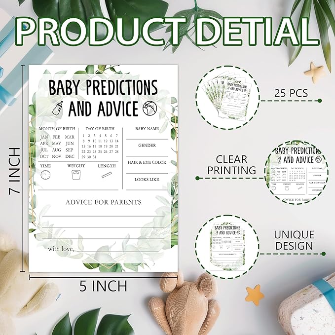 Greenery Eucalyptus Baby Shower Game Cards, Tropical Jungle Gender Reveal Party Supplies, Neutral Design for Boys Girls, 30 Set Gifts for New Parents (Green013)