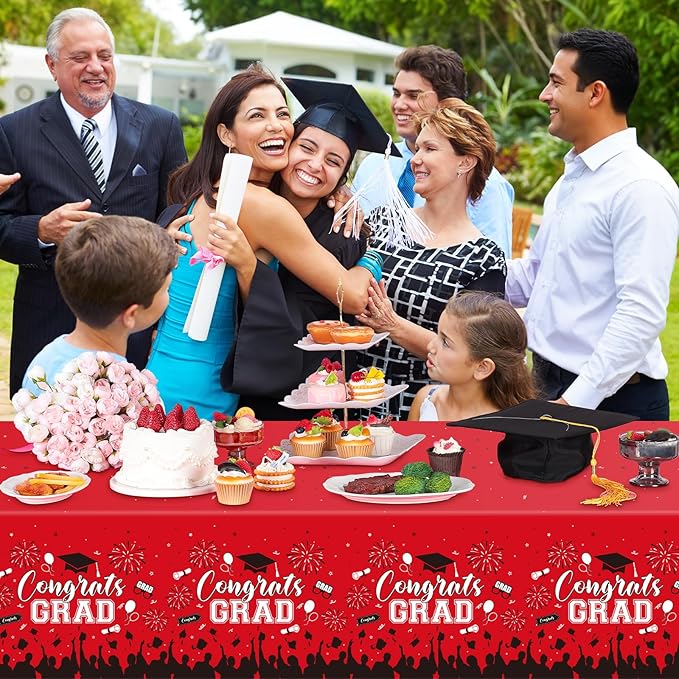 3 Pack Plastic Graduation Tablecloth, Graduation Decorations Class of 2026 Disposable Rectangle Red and Black Table Cover, 2026 Gongrats Grad Table Cloths for Graduation Party Decorations, 54x108