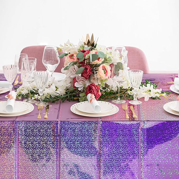 8 Pack Iridescent Light Purple Plastic Tablecloths Shiny Disposable Laser Rectangle Table Covers Holographic Foil Tablecloth Iridescent Kpop Birthday Bridal Wedding Party Decoration, 54 x 108 Inch