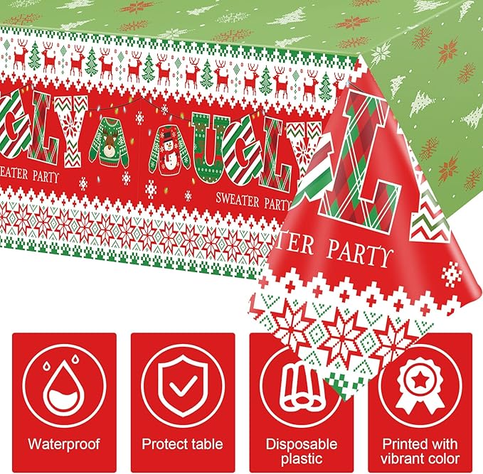 3 Pack Christmas Ugly Sweater Tablecloths Decoration Plastic Sweater Xmas Party Table Covers Merry Christmas Ugly Clothes Party Supplies for Xmas Winter Holiday Birthday Party Decor, 54 x 108 Inch