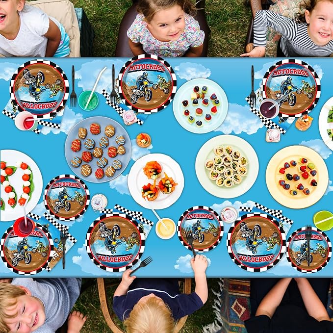 Dirt Bike Birthday Party Supplies Serves 24 Motorcycle Party Paper Plates Napkins Set Motocross Dirt Bike Tablecloth Tableware Kit for Baby Shower Decorations Kids Boys Girls