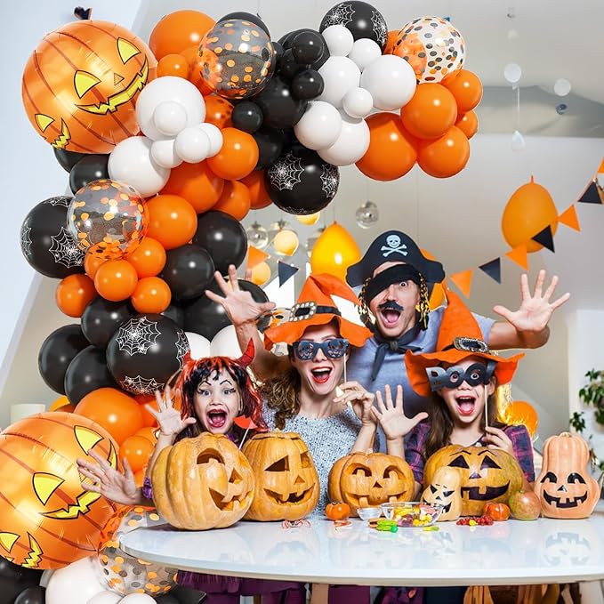 Orange Black Halloween Balloon Arch Garland Kit with 4D Pumpkin Foil Balloon, 110pcs Spider Web Print Halloween Latex Balloons for Kids Trick or Treat Baby Shower Birthday Party Decoration Supplies