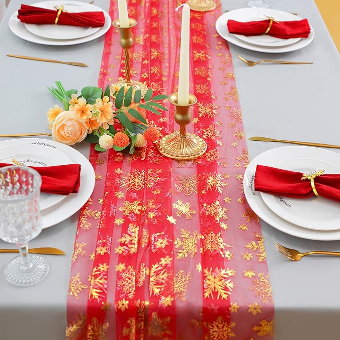 Snowkingdom Red Table Runner, 120 Inches Long Sheer Tulle with Gold Snowflake for Winter Holiday Wedding Home Party Valentine's Day New Year Christmas Table Decor