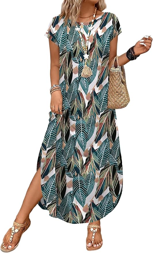 WIHOLL Summer Dresses Cap Sleeve Crewneck Maxi Long Casual Dress with Pockets Beach Vacation Sundresses 2026 Trendy