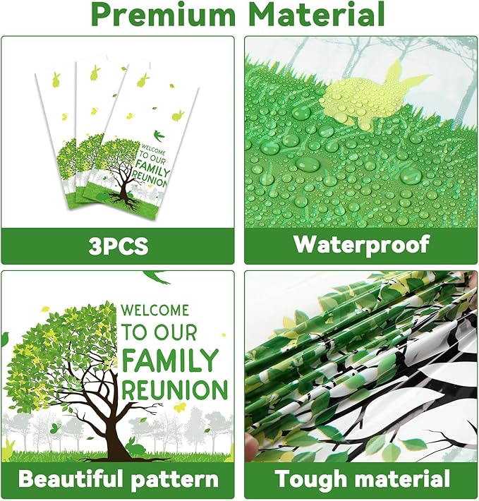 OBUSATT 3Pcs Family Reunion Party Decorations Family Tree Reunion Tablecloths 54 x 108 Inch Green Tree Plastic Table Cover Disposable Rectangle Tablecloths Party Supplies