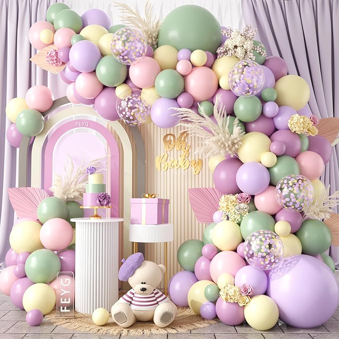 Dusty Green Purple Pink Balloon Garland, Lavender Mist Green Pastel Pink Yellow Balloon Arch Wildflower Balloons with Pastel Confetti for Baby Shower Birthday Wedding Flower Party Decoration