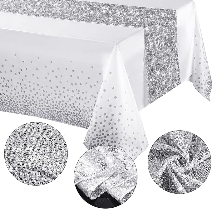 Irenare Tablecloth and Sequin Table Runner Set Polka Dots Confetti Table Cover Dining Plastic Tablecloths Glitter Decorations for Birthday Wedding Anniversary Party Supplies(White, Silver,2 Pcs)