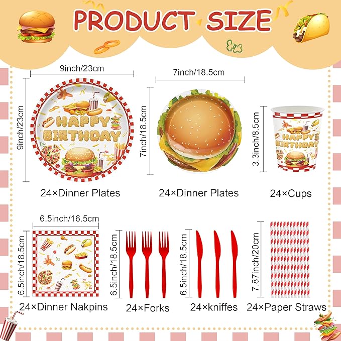 168PCS Hamburger Party Supplies for Kids Fast Food Themed Happy Birthday Party Decorations BBQ Picnic Paper Plates Napkin Cups Forks Knives Straw Tableware for 24 Guests