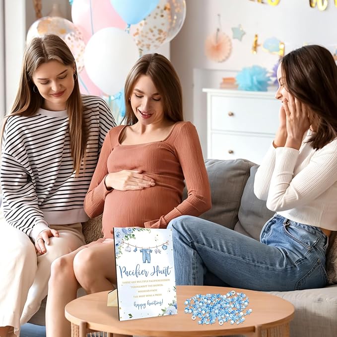 Whaline 51 Pcs Pacifier Hunt Baby Shower Game Include Watercolor Baby Clothes Wooden Sign 50 Blue Plastic Pacifier for Gender Reveal Party Favor Gift Supplies