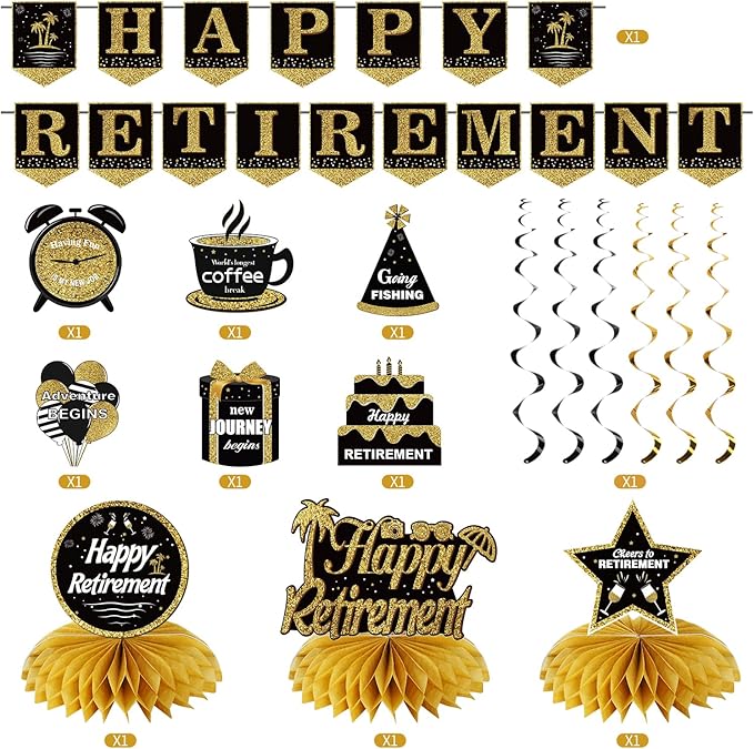 Happy Retirement Party Decorations Kit for Men Women, Black Gold Retirement Banner Honeycomb Centerpieces Swirls Retired Farewell Party Set Party Supplies for Indoor Outdoor