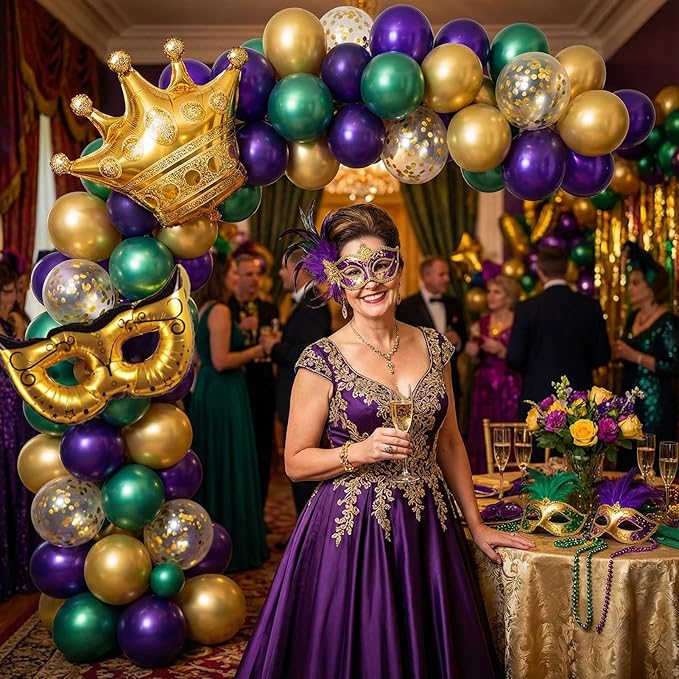 Mardi balloon garland arch kit 130pcs Purple green gold with golden confetti balloons Mylar star Crown and Crown Mask Balloons for Gorgeous Funny Grand Fat Tuesday Party decorations