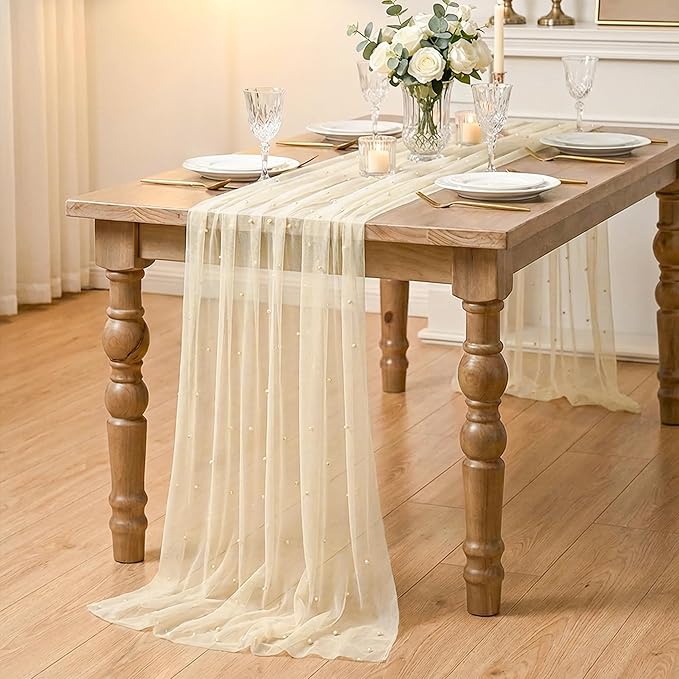 Artoid Mode 6PCS Pearl Champine Gauze Table Runner 120 Inch 10FT, Seasonal Sheer Dining Holiday Wedding Birthday Baby Shower Table Decor for Home Party