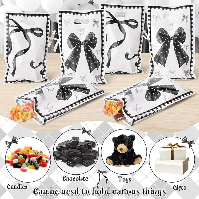 Black Bow Party Favor Bags - 50Pcs Black Bow Knot Goody Candy Treat Gifts Bags, Trendy Preppy Girls Theme Party Decorations for Women Girls Birthday Wedding Bridal Shower Bachelorette