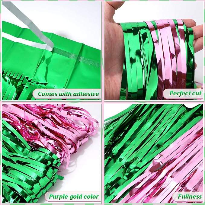 4 Pack 3.3Ft x 6.6Ft Pink and Green Foil Fringe Curtain Backdrop Decorations, Witch Metallic Tinsel Foil Streamers Curtain Photo Booth Background for Witch Wedding Birthday Party Decorations